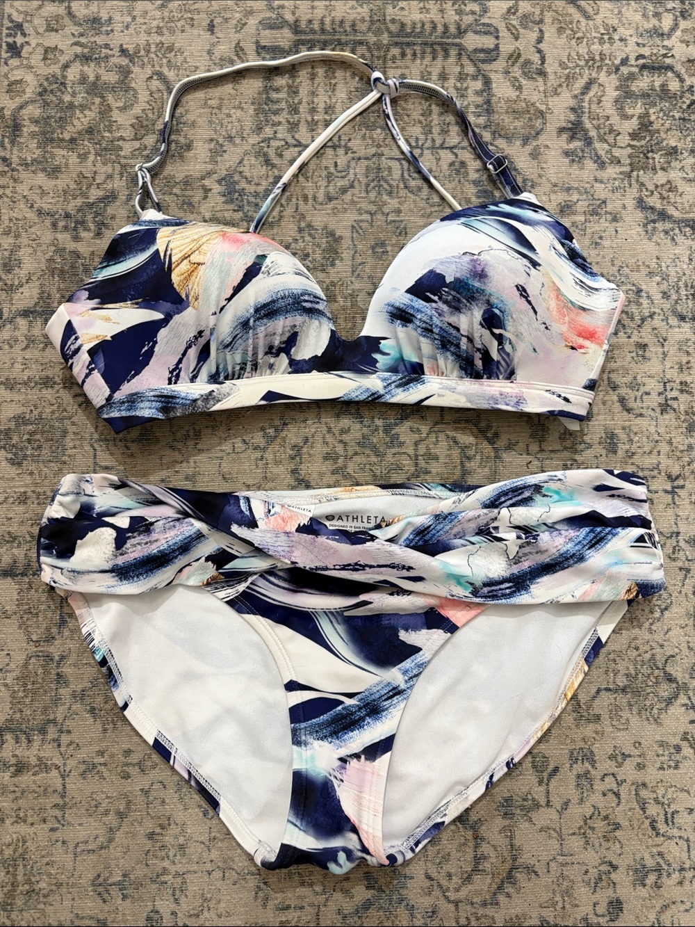 Athleta Abstract Brushstroke Bikini Set in Navy, White - small top - med bottom